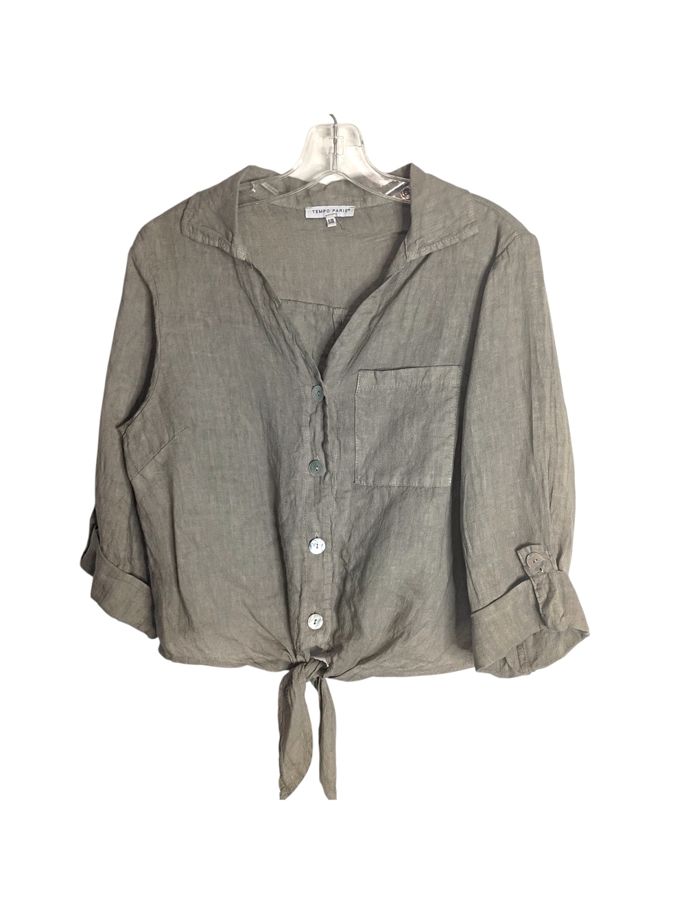 Tempo Paris Linen Tie-Front Shirt in Olive Gray - S/M